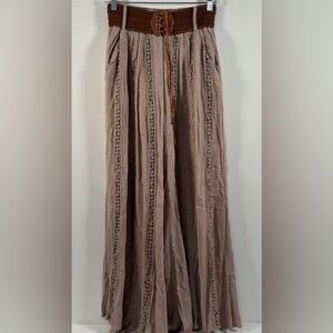 Fashion On Earth, Medium, Wide Leg, Gauze, Chic Brown Lace-Accented Boho Pants